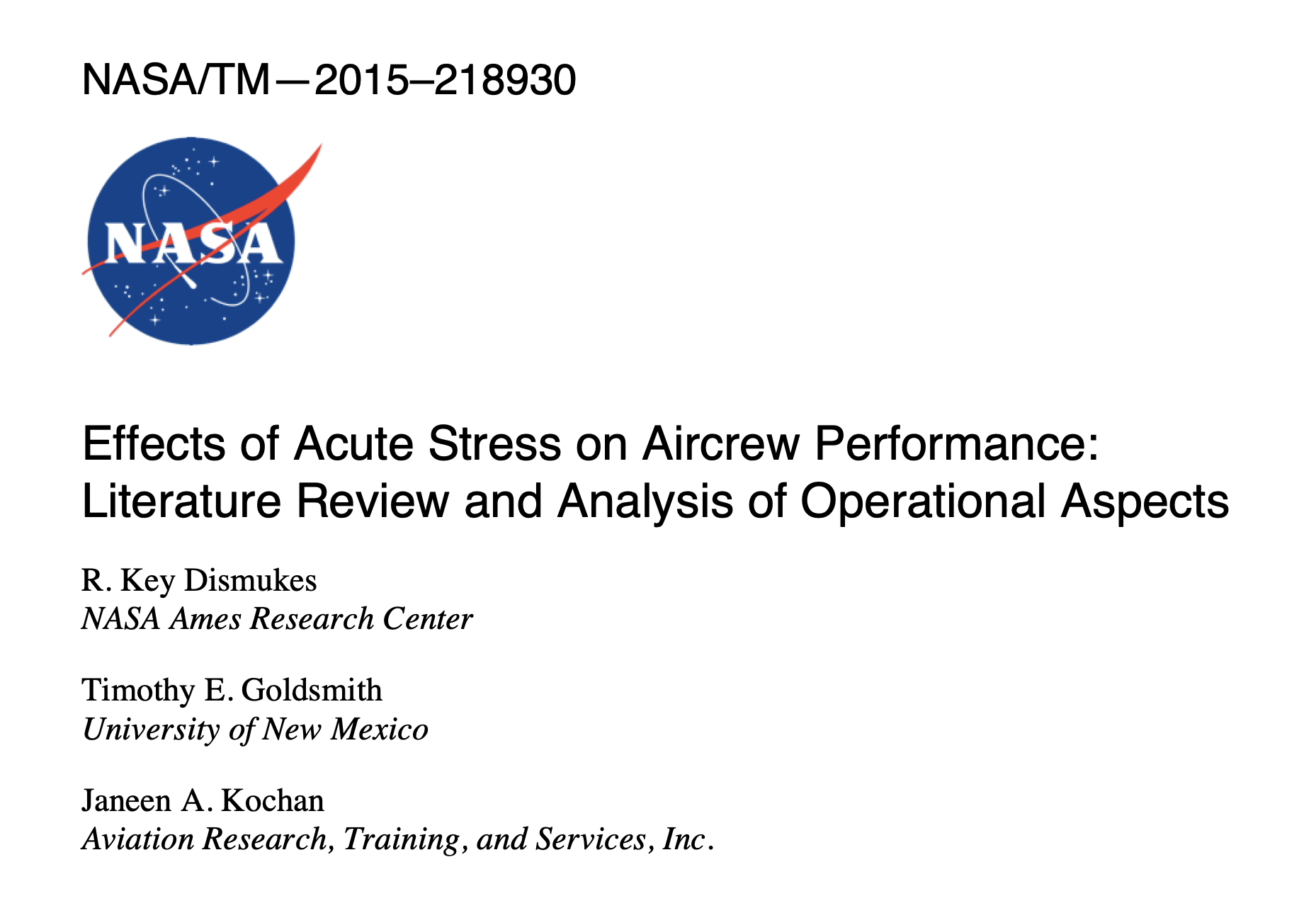 Effects of Acute Stress on Aircrew Performance: a NASA review
